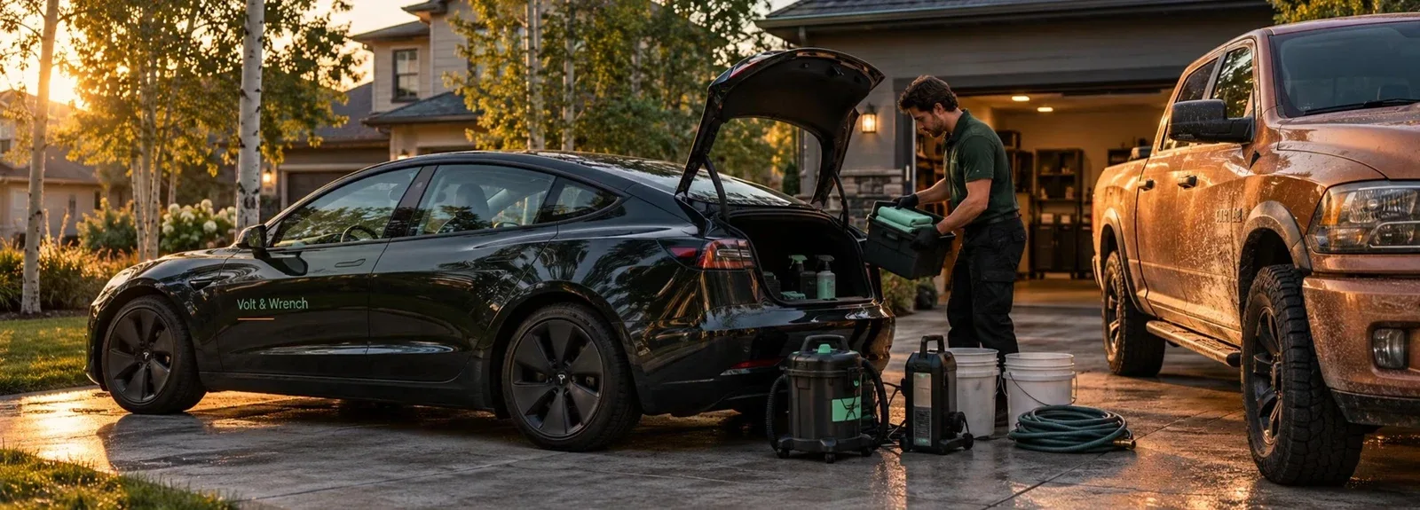 Warm evening light across a driveway with an electric car, a work pickup and a mobile detailing kit