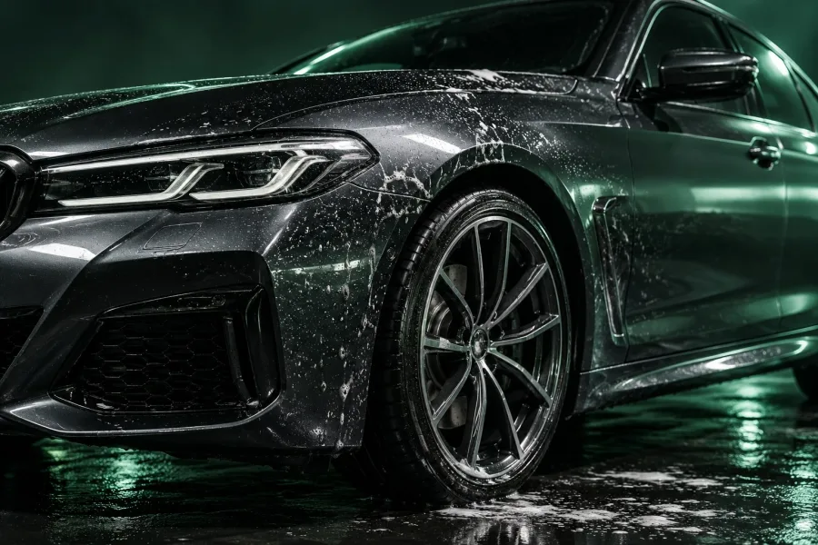 Water and wash suds on a dark vehicle's wheel and bodywork
