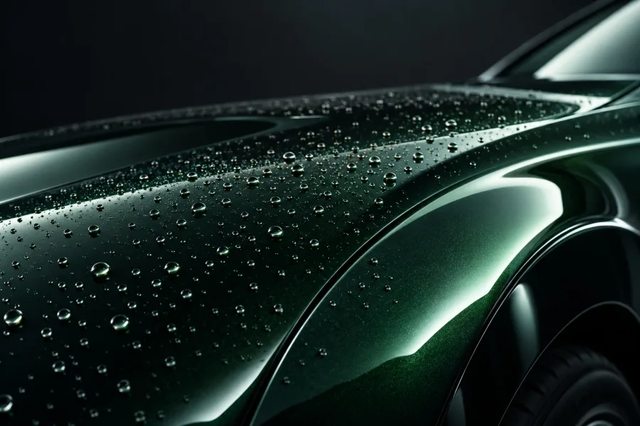 Water beading on the polished green bodywork of a vehicle