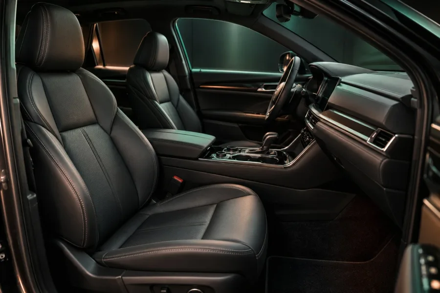 Clean leather seats and a carefully finished vehicle cabin