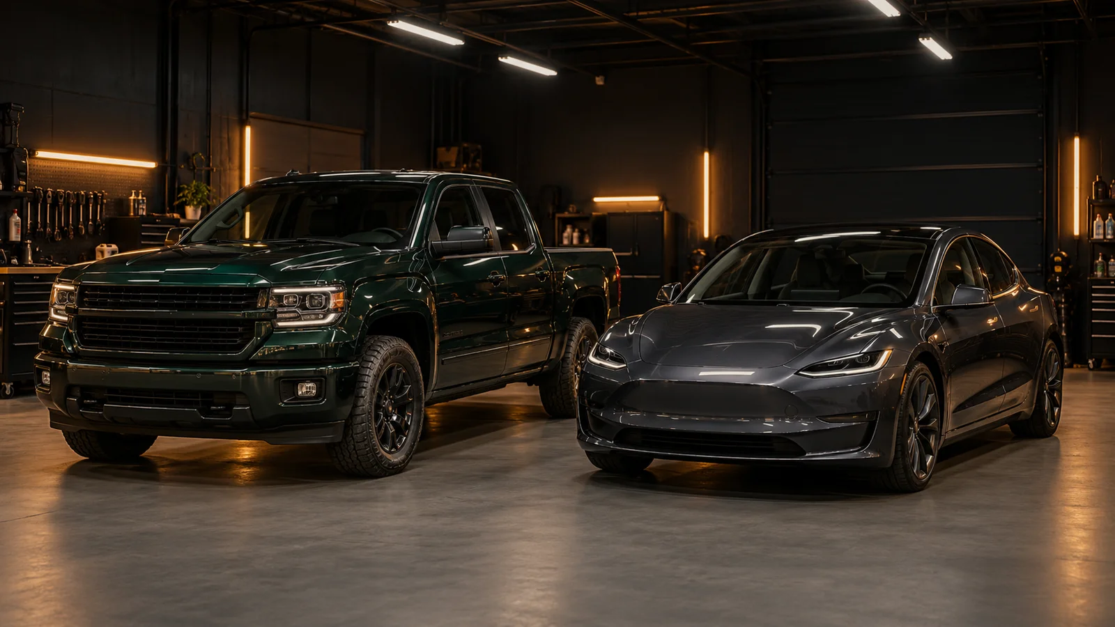 A gas-powered work pickup and a modern electric car, side by side and given the same care