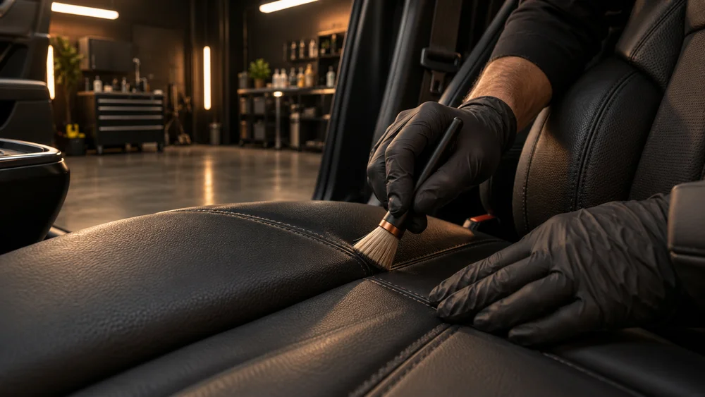 A close-up of careful hands cleaning the seam of a leather seat